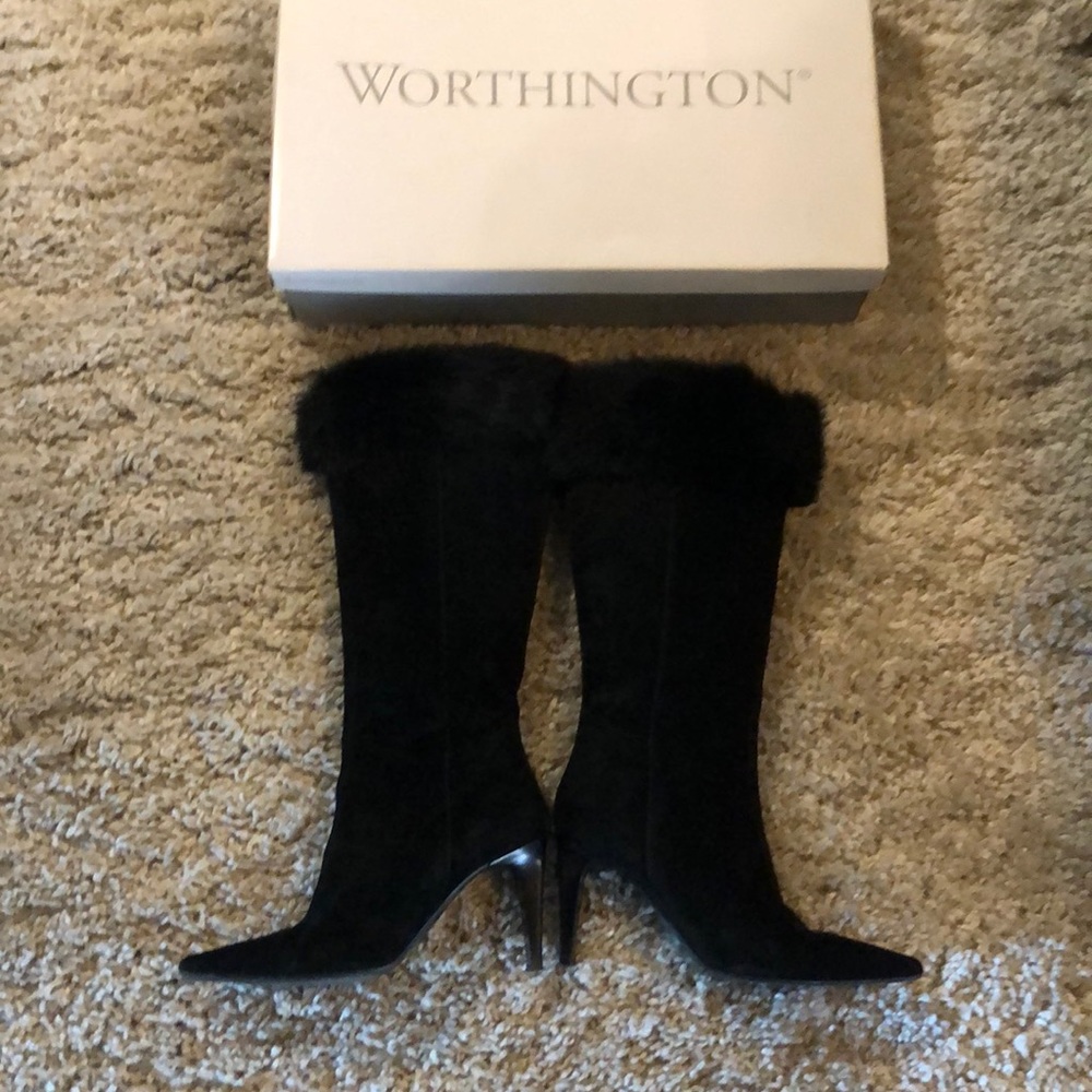Worthington Boots, black suede fur trim, used, 7.5